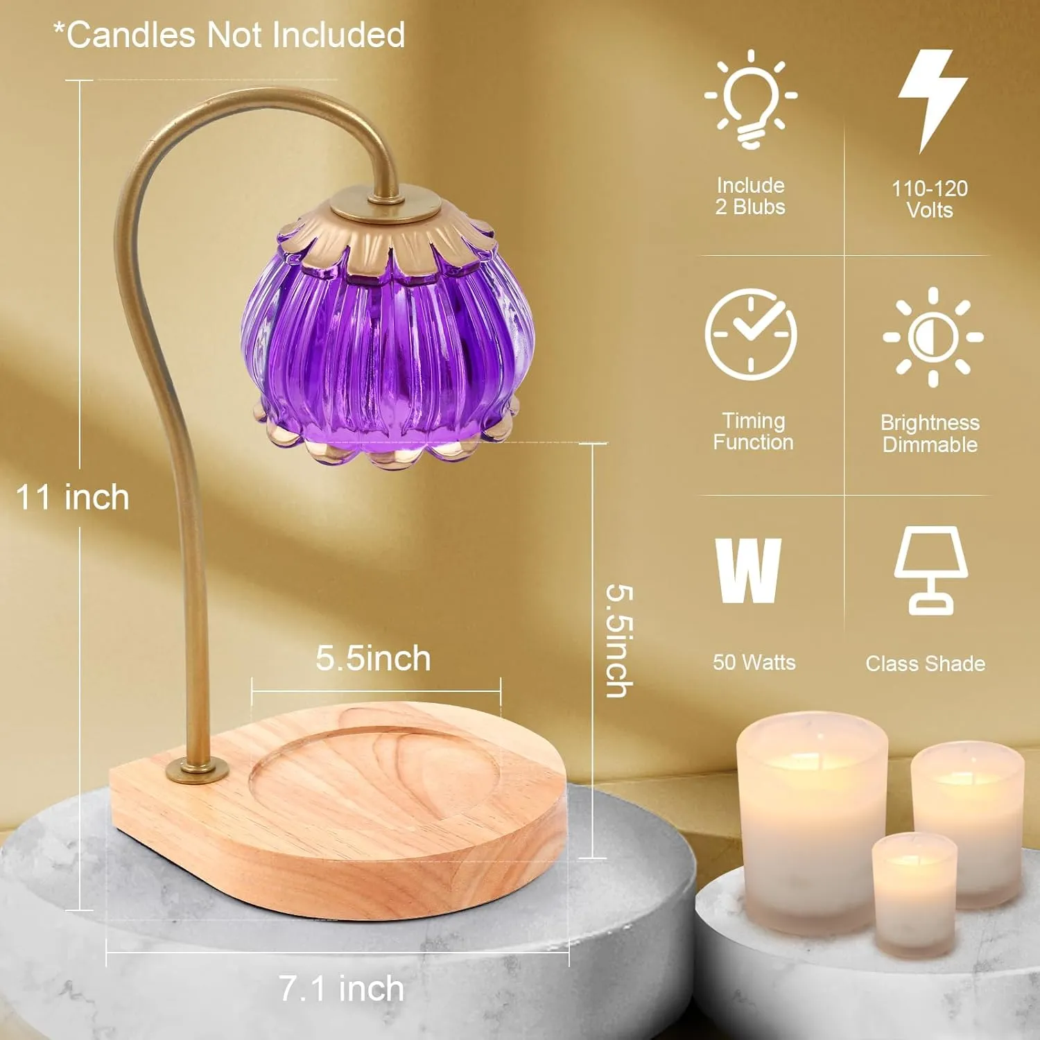 Candle Warmer Lamp with Timer, Dimmable Warmer Lantern Light, Glass Shade Jar Warming Holders for Home Decoration Gift for Women, Purple