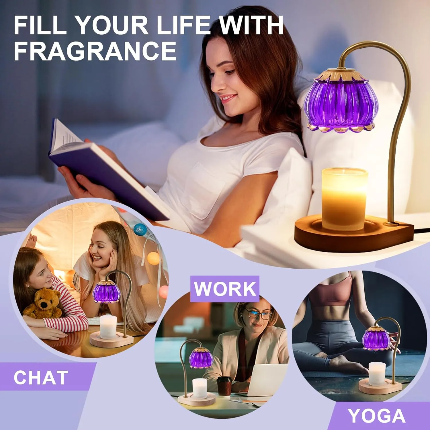 Candle Warmer Lamp with Timer, Dimmable Warmer Lantern Light, Glass Shade Jar Warming Holders for Home Decoration Gift for Women, Purple