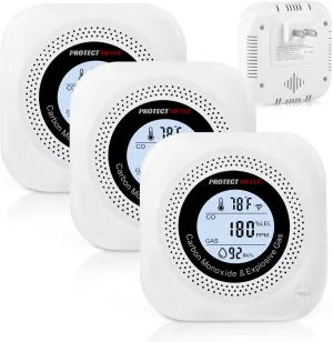 Carbon Monoxide Detectors, 3Pack 4-in-1 Natural Gas Leak Detector & Temperature/Humidity Monitor
