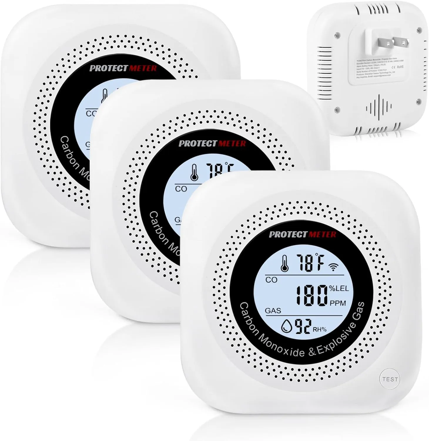 Carbon Monoxide Detectors, 3Pack 4-in-1 Natural Gas Leak Detector & Temperature/Humidity Monitor