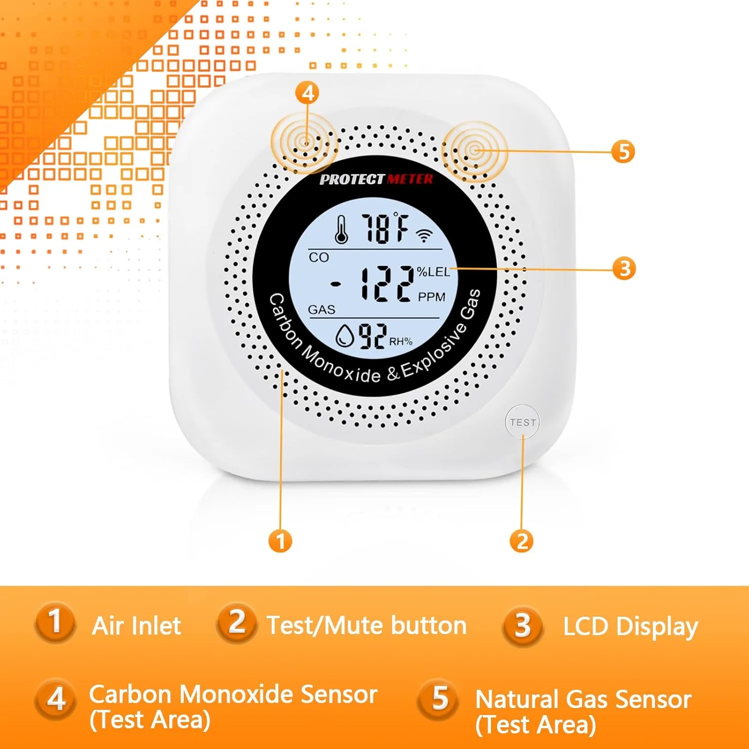 Carbon Monoxide Detectors, 4 in 1 Protectmeter Natural, Propane, Methane Portable Traval Gas Leak Detector, Carbon Monoxide Detectors Plug in, Temperature & Humidity Detectors, Digital LCD