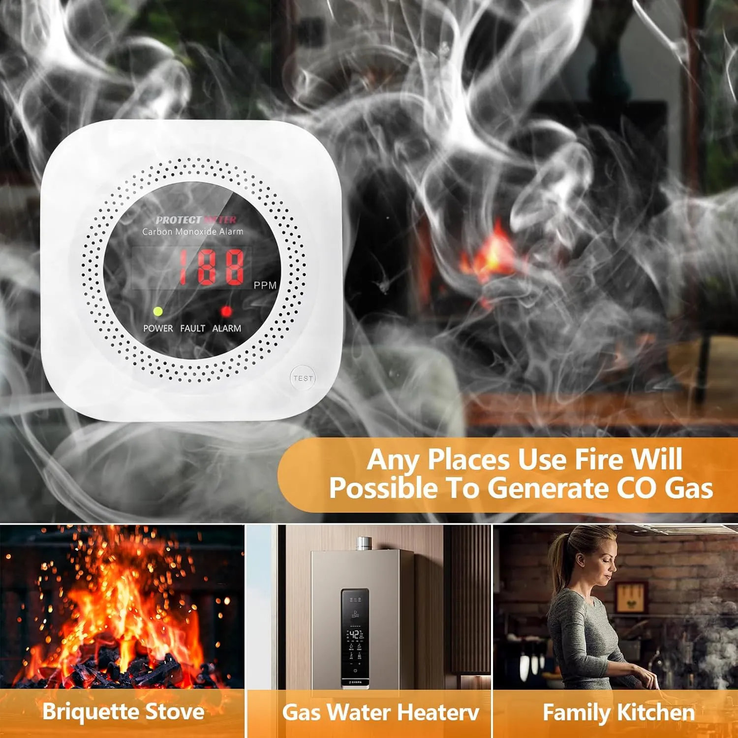 Carbon Monoxide Detectors, 4 in 1 Protectmeter Natural, Propane, Methane Portable Traval Gas Leak Detector, Carbon Monoxide Detectors Plug in, Temperature & Humidity Detectors, Digital LCD