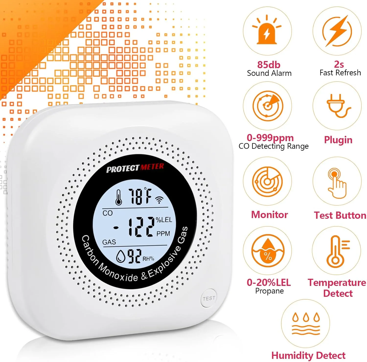 Carbon Monoxide Detectors, 4 in 1 Protectmeter Natural, Propane, Methane Portable Traval Gas Leak Detector, Carbon Monoxide Detectors Plug in, Temperature & Humidity Detectors, Digital LCD