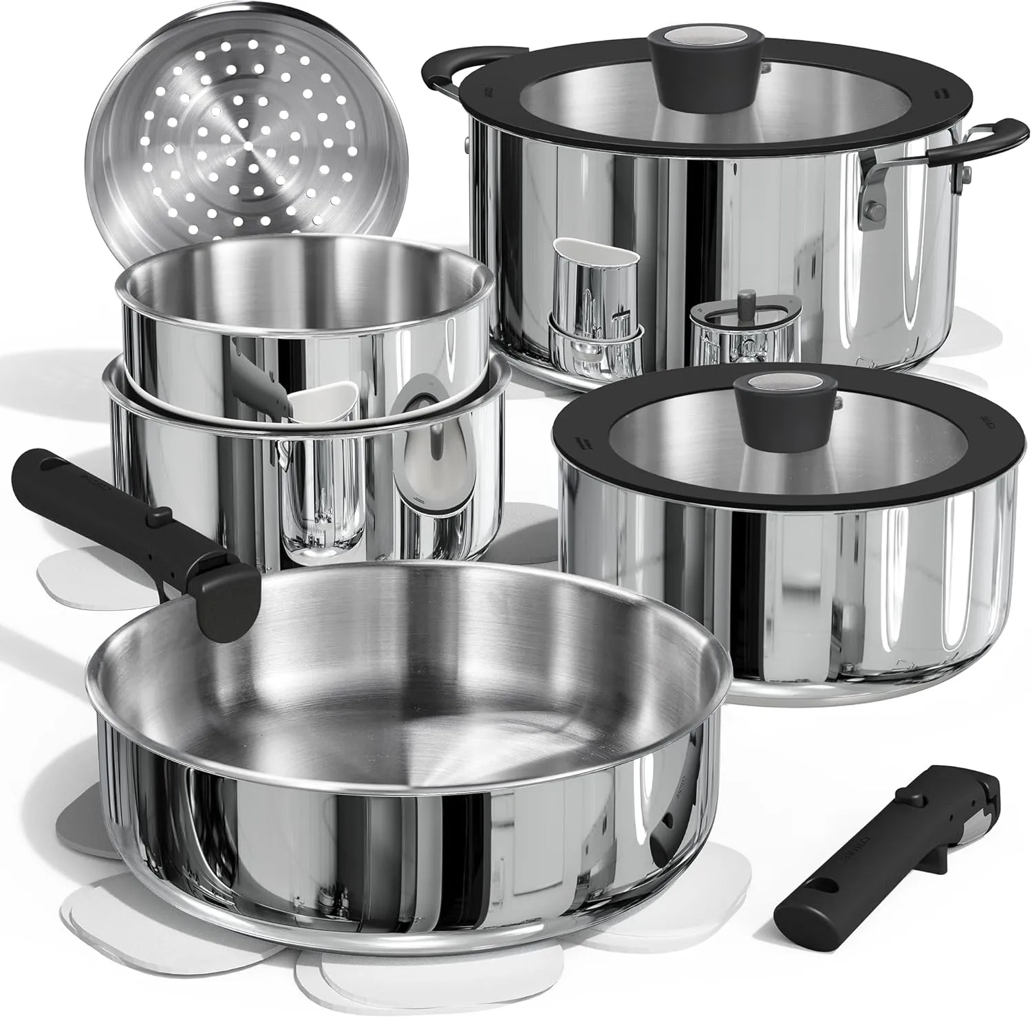 CAROTE 14pcs Pots and Pans Set, Stainless Steel Cookware Set Detachable Handle, Induction Kitchen Cookware Sets with Removable Handle, RV Cookware Set, Oven Safe, Camping Cookware, Black