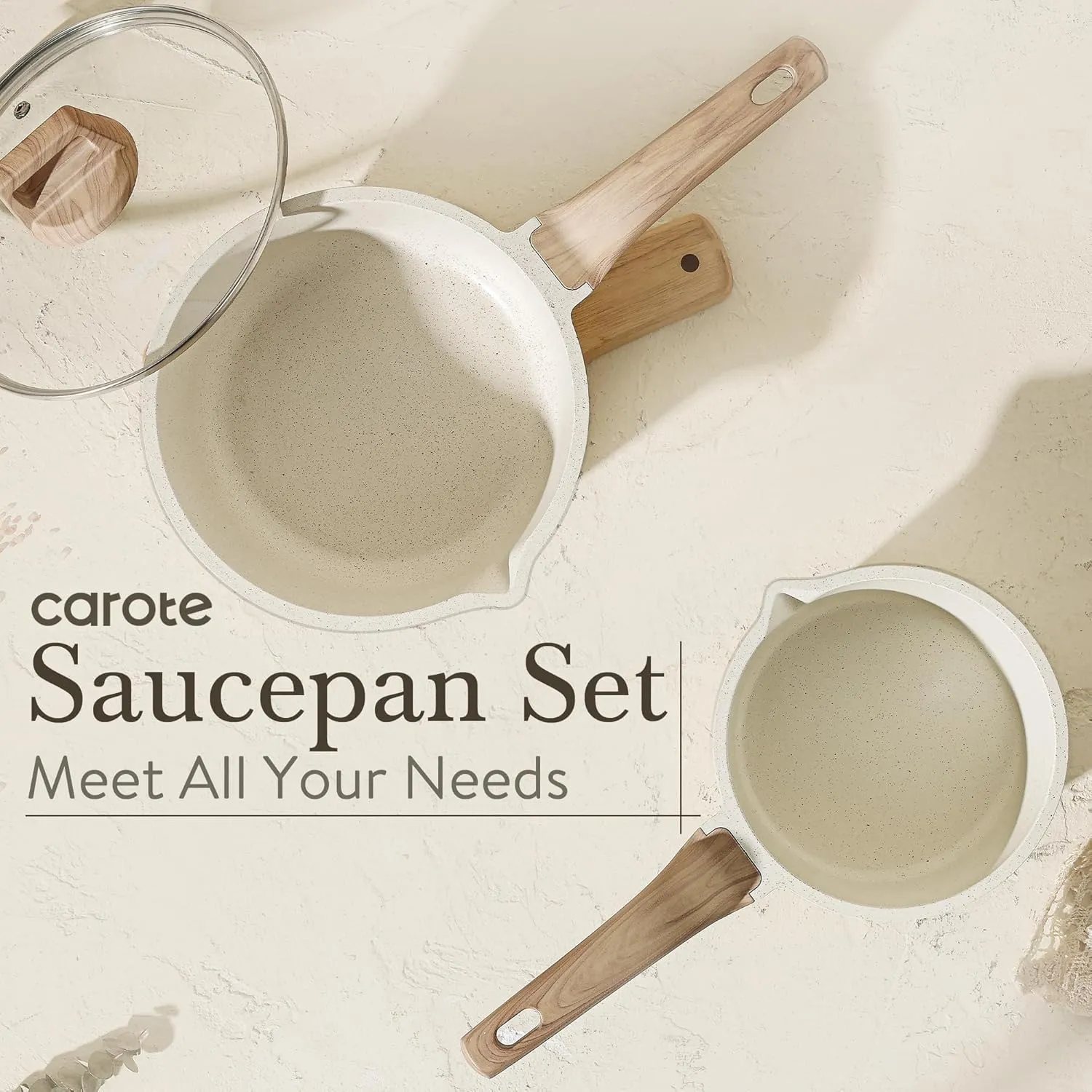 CAROTE 1.5Qt & 3.0Qt Sauce Pan Set with Lid Nonstick Saucepan 4 Pcs Non Stick Sauce Pots Cooking Pot with Pour Spout, Easy to Clean, Small Kitchen Pots Induction Pot, PFOA FREE (White Granite)