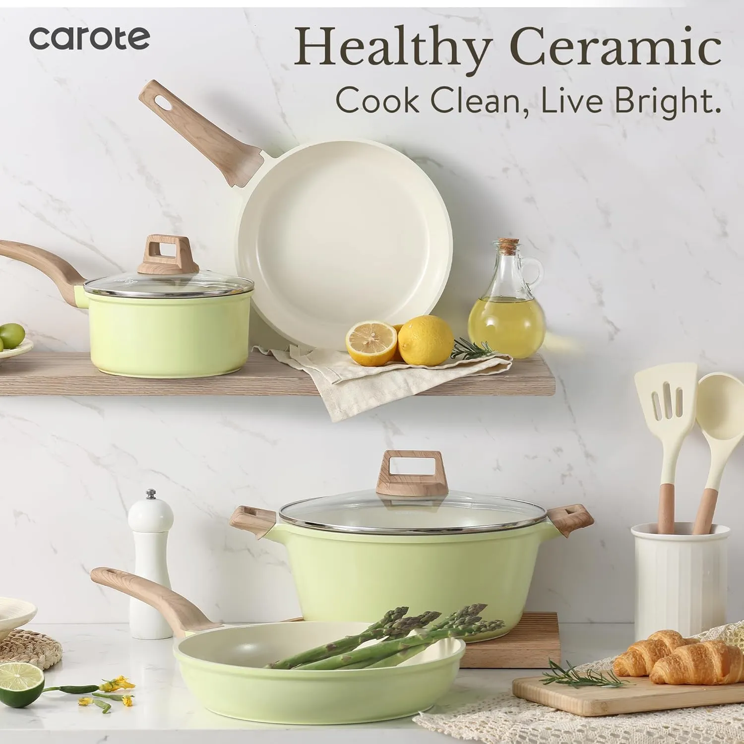 CAROTE 21 Ceramic Cookware Set, Pots and Pans Set Non stick, Cook Ware Set Induction Kitchen Cooking Set Non-toxic Health Induction Cookware, PFAS Free