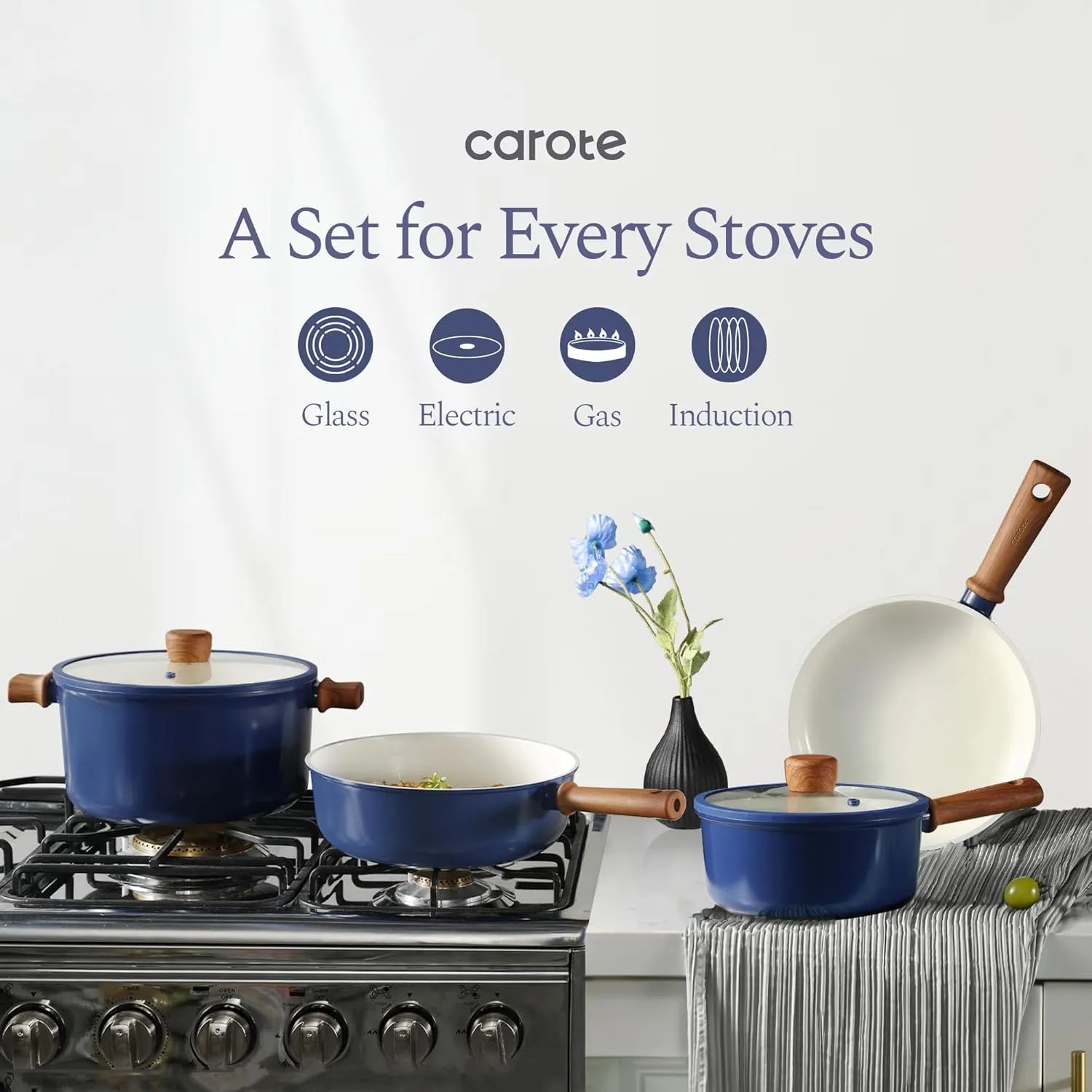 CAROTE Ceramic Cookware Set, Non Stick Pots and Pans Sets, 18pcs Pot and Pan Set Non Stick, Cooking Induction Cookware