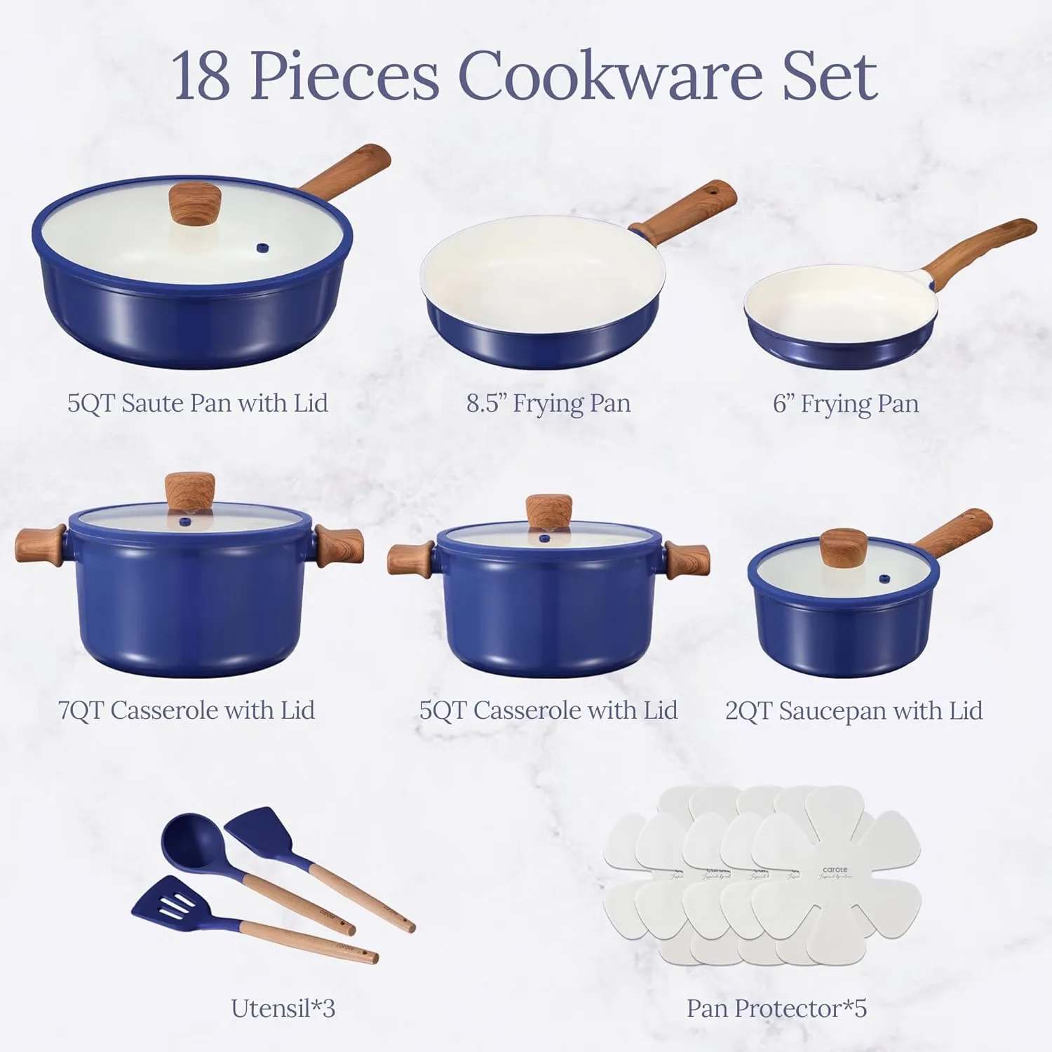 CAROTE Ceramic Cookware Set, Non Stick Pots and Pans Sets, 18pcs Pot and Pan Set Non Stick, Cooking Induction Cookware