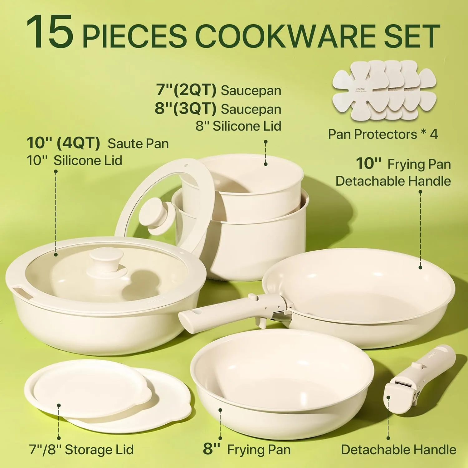 CAROTE Ceramic Cookware Sets, Pots and Pans Set Non Stick Non Toxic, Induction Cookware, Kitchen Cookware Sets, Pots Set for Healthy Coooking 15PCS, White