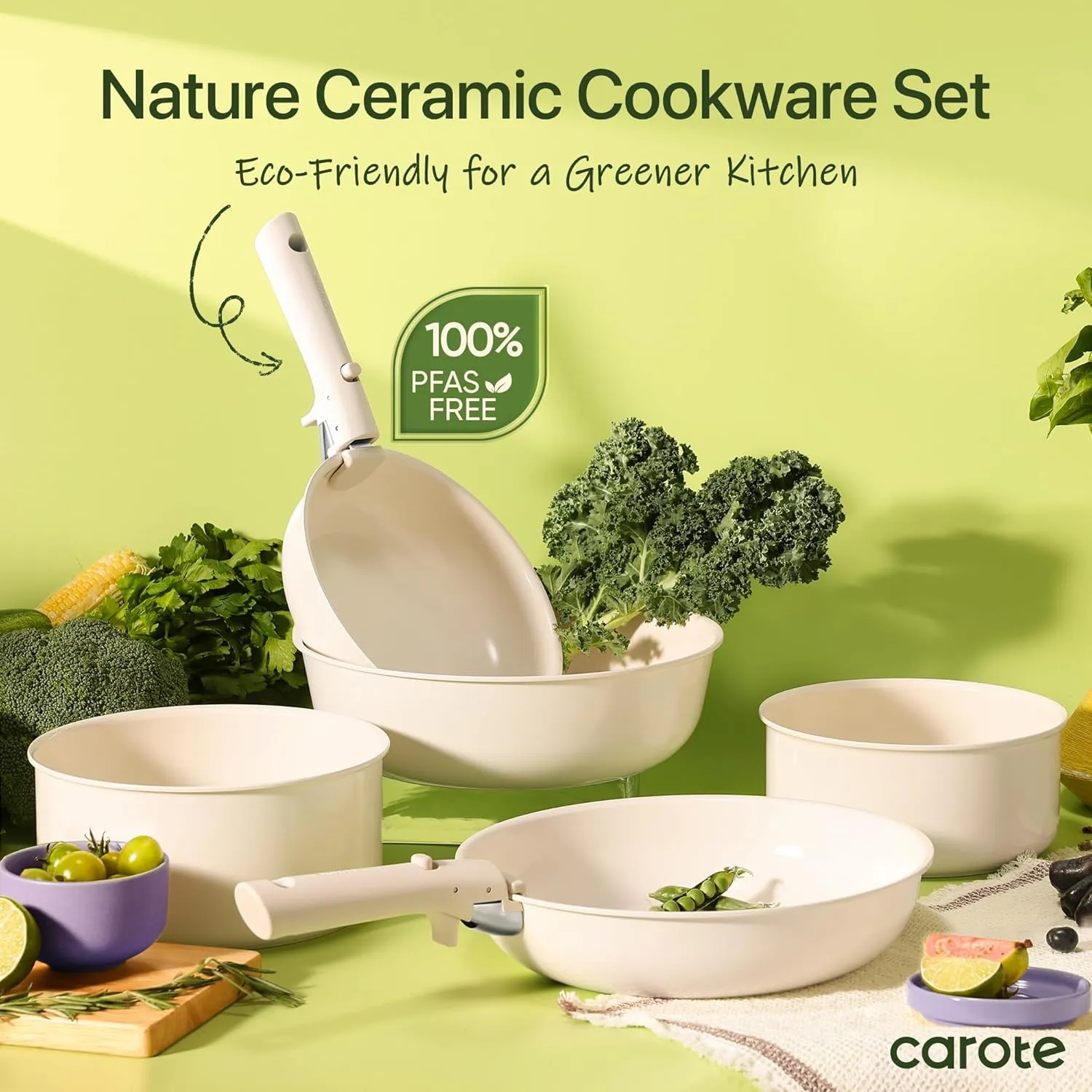 CAROTE Ceramic Cookware Sets, Pots and Pans Set Non Stick Non Toxic, Induction Cookware, Kitchen Cookware Sets, Pots Set for Healthy Coooking 15PCS, White