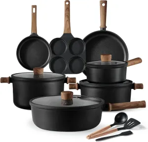 CAROTE Nonstick Cookware Sets, Pots and Pans Set Non Stick 14pcs, Titanium Induction Cooking Sets with Stay-Cool Handle, Black