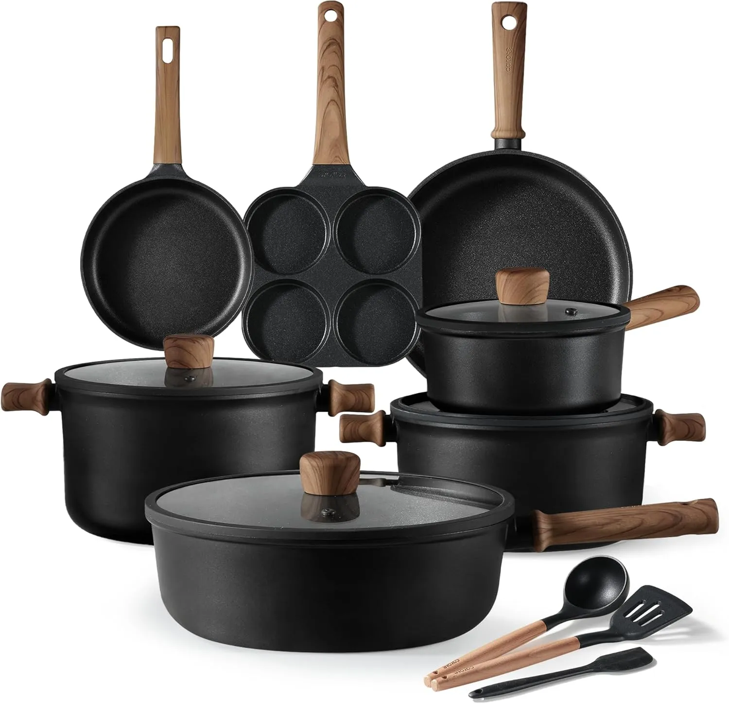 CAROTE Nonstick Cookware Sets, Pots and Pans Set Non Stick 14pcs, Titanium Induction Cooking Sets with Stay-Cool Handle, Black