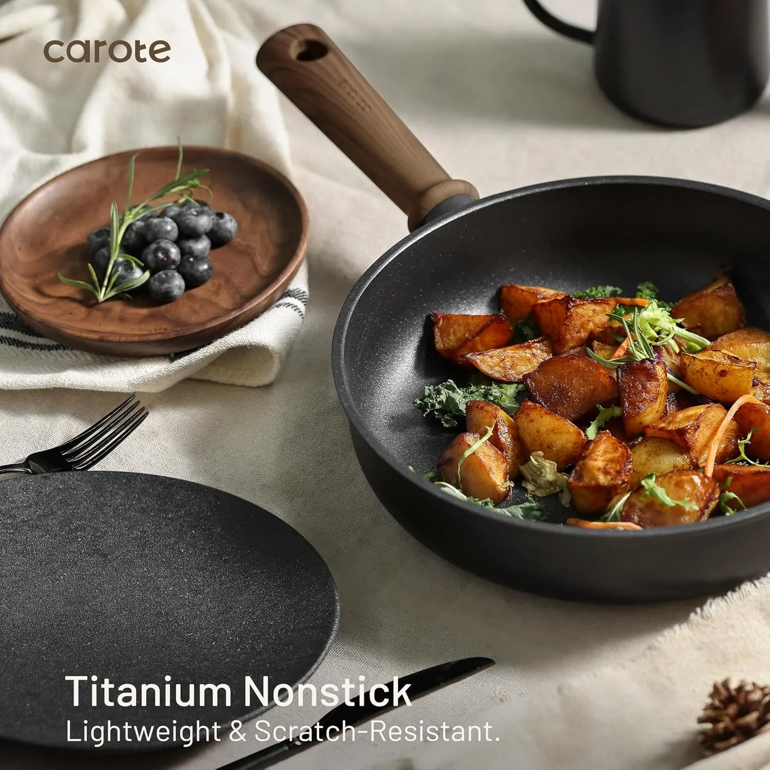 CAROTE Nonstick Cookware Sets, Pots and Pans Set Non Stick 14pcs, Titanium Induction Cooking Sets with Stay-Cool Handle, Black