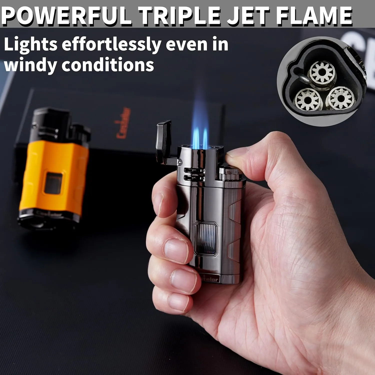 Castelar Cigar Torch Lighter Triple Flame Windproof Refillable Butane Cigar Lighter with Rest Holder Punch - Butane Not Included