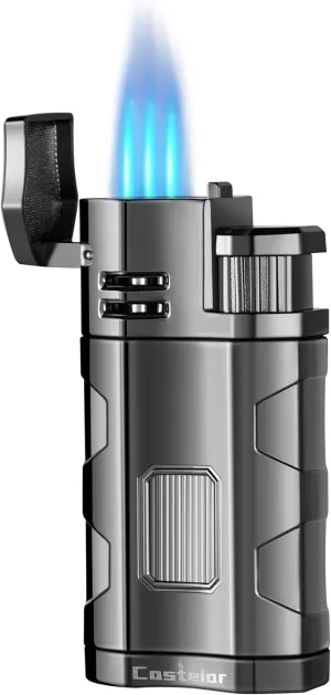 Castelar Cigar Torch Lighter Triple Flame Windproof Refillable Butane Cigar Lighter with Rest Holder Punch - Butane Not Included
