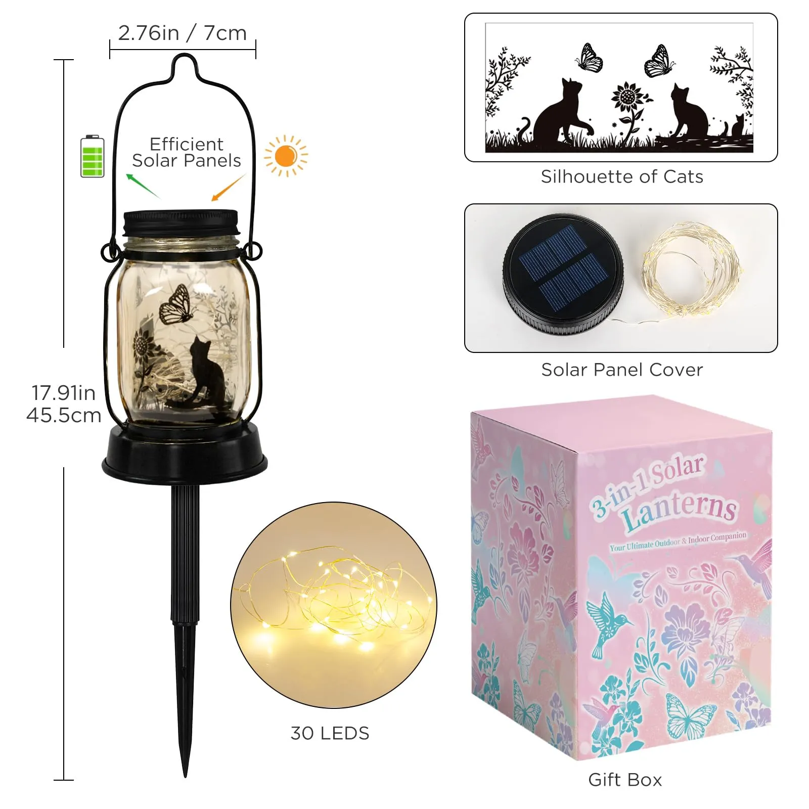 Cat Solar Lanterns 3-in-1 Cat and Butterfly Solar Lights Outdoor Decor Cat Lover Gifts for Women Men Cat Lovers Gifts Hanging Cat Lanterns with Stake for Yard Lawn Garden Decor Black Cat Lantern