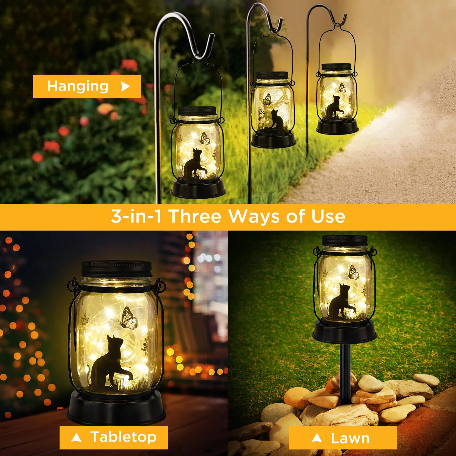 Cat Solar Lanterns 3-in-1 Cat and Butterfly Solar Lights Outdoor Decor Cat Lover Gifts for Women Men Cat Lovers Gifts Hanging Cat Lanterns with Stake for Yard Lawn Garden Decor Black Cat Lantern