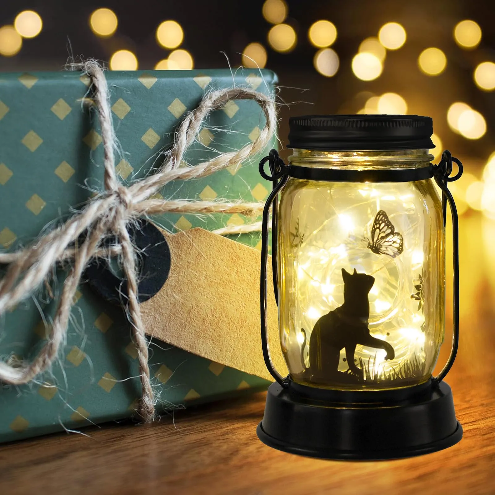 Cat Solar Lanterns 3-in-1 Cat and Butterfly Solar Lights Outdoor Decor Cat Lover Gifts for Women Men Cat Lovers Gifts Hanging Cat Lanterns with Stake for Yard Lawn Garden Decor Black Cat Lantern