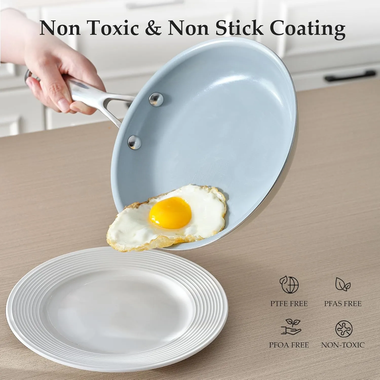 Ceramic Frying Pan Set with Stainless Steel Handle - Perfect Cookware Set for Steak & Non Stick Cooking - Ceramic Pans Set Non Stick Trendy Essential for Young Chefs(Cream White)