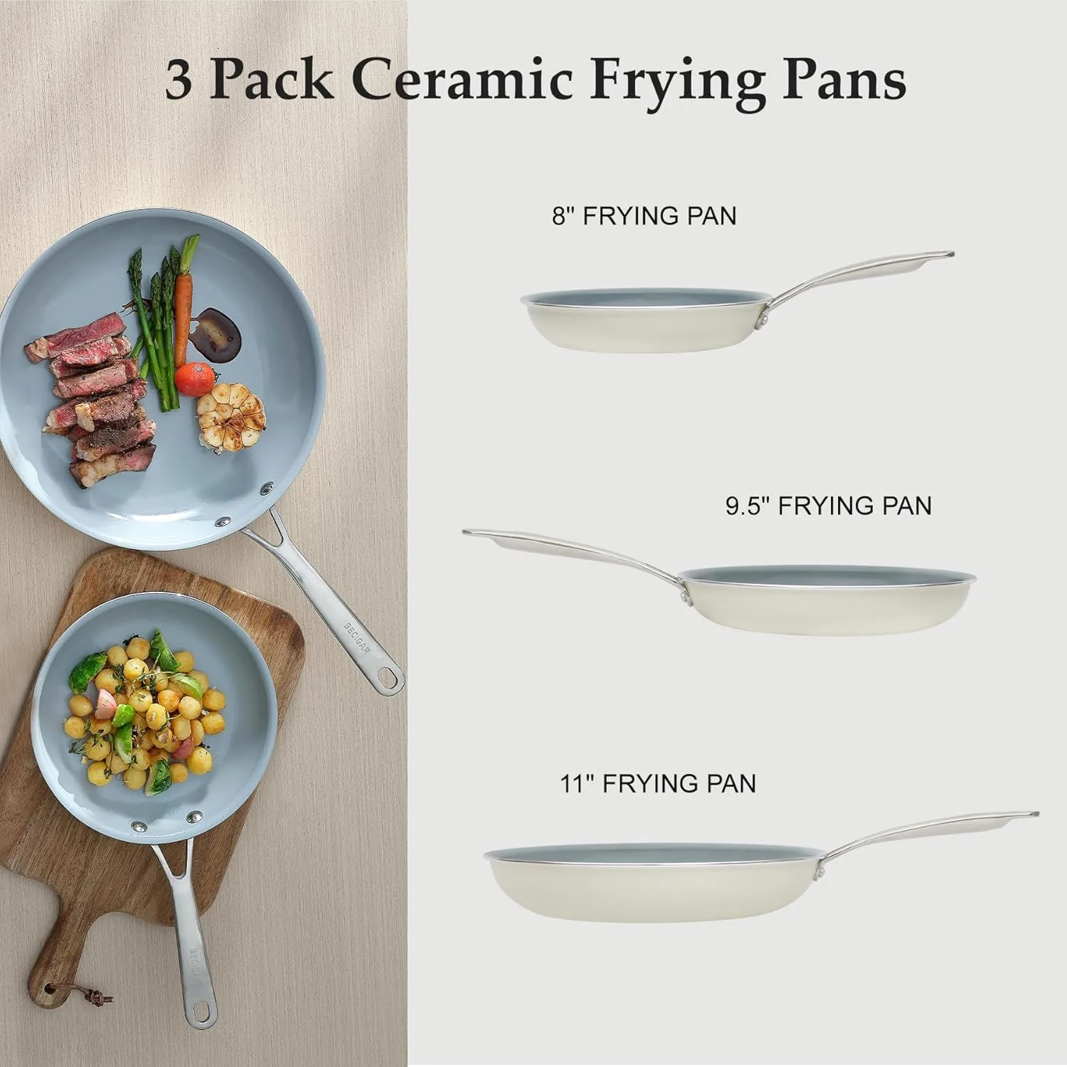 Ceramic Frying Pan Set with Stainless Steel Handle - Perfect Cookware Set for Steak & Non Stick Cooking - Ceramic Pans Set Non Stick Trendy Essential for Young Chefs(Cream White)