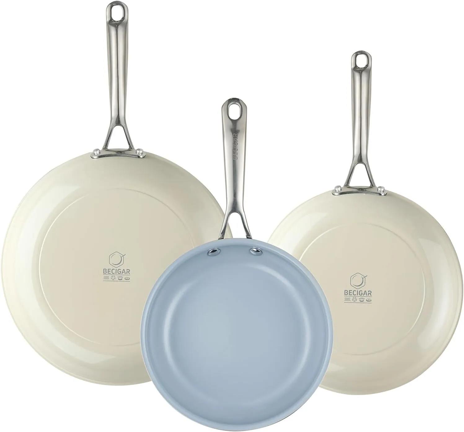 Ceramic Frying Pan Set with Stainless Steel Handle - Perfect Cookware Set for Steak & Non Stick Cooking - Ceramic Pans Set Non Stick Trendy Essential for Young Chefs(Cream White)
