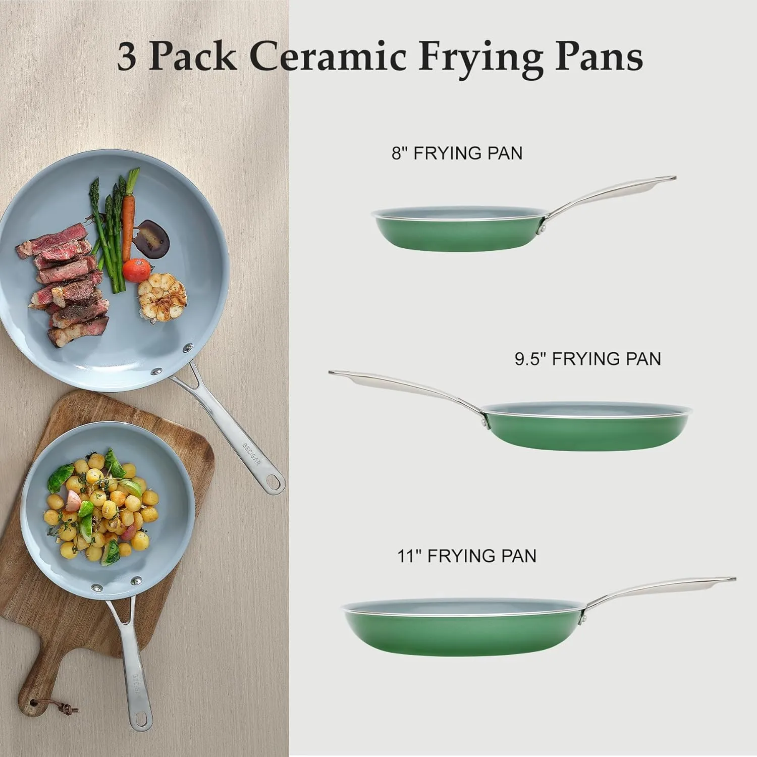 Ceramic Frying Pan Set with Stainless Steel Handle - Perfect Cookware Set for Steak & Non Stick Cooking - Ceramic Pans Set Non Stick Trendy Essential for Young Chefs(Green)