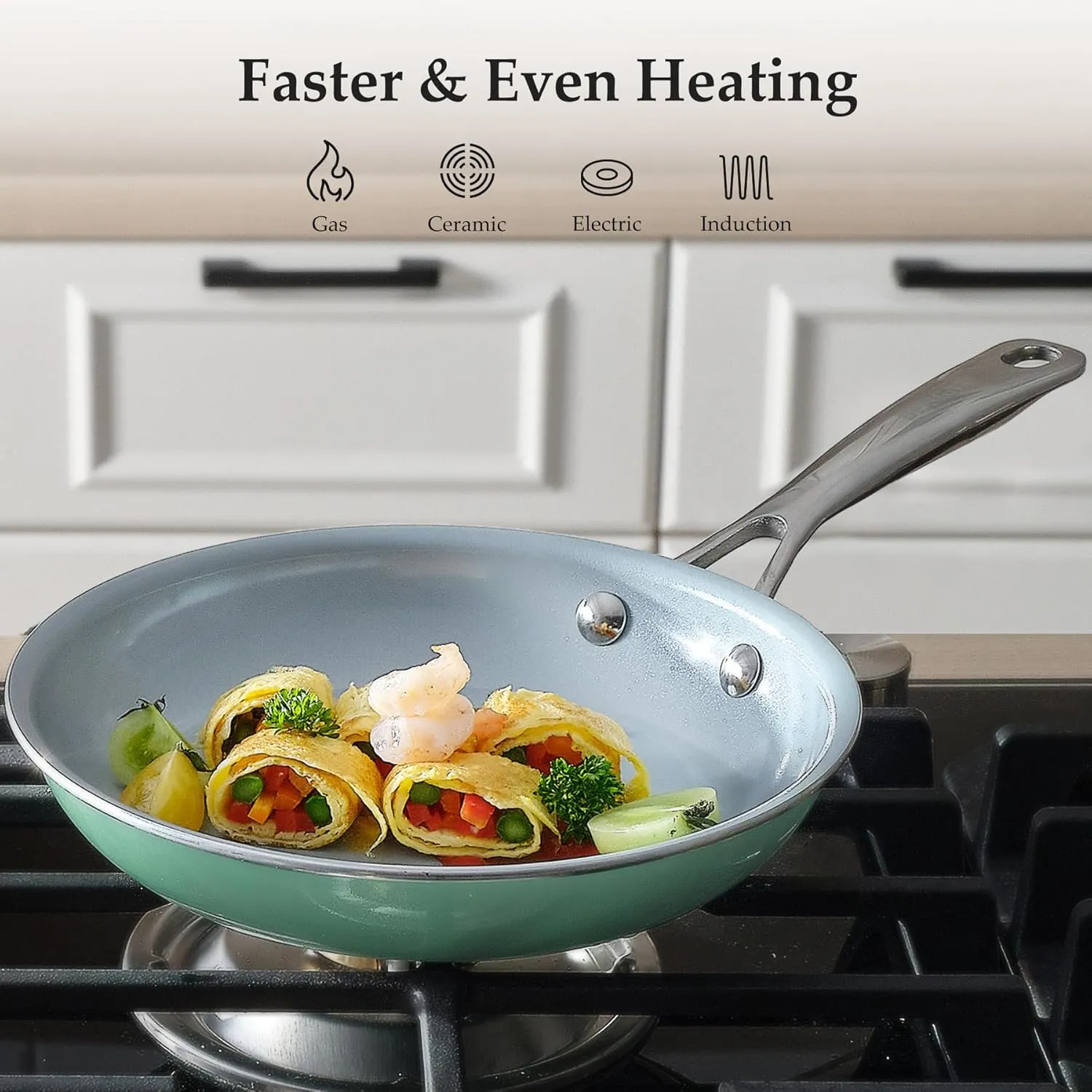 Ceramic Frying Pan Set with Stainless Steel Handle - Perfect Cookware Set for Steak & Non Stick Cooking - Ceramic Pans Set Non Stick Trendy Essential for Young Chefs(Green)