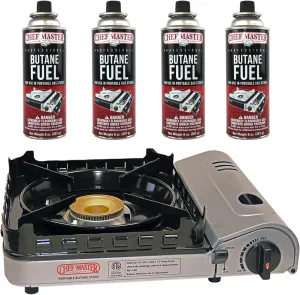 Chef Master 15,000 BTU Portable Butane Camping Stove COMBO with 4 x 8oz. Butane Fuel Canister, Double Wind-Guard Portable Stove Burner for Emergency, Road Trip, Backpacking & Camping Essential - 90019