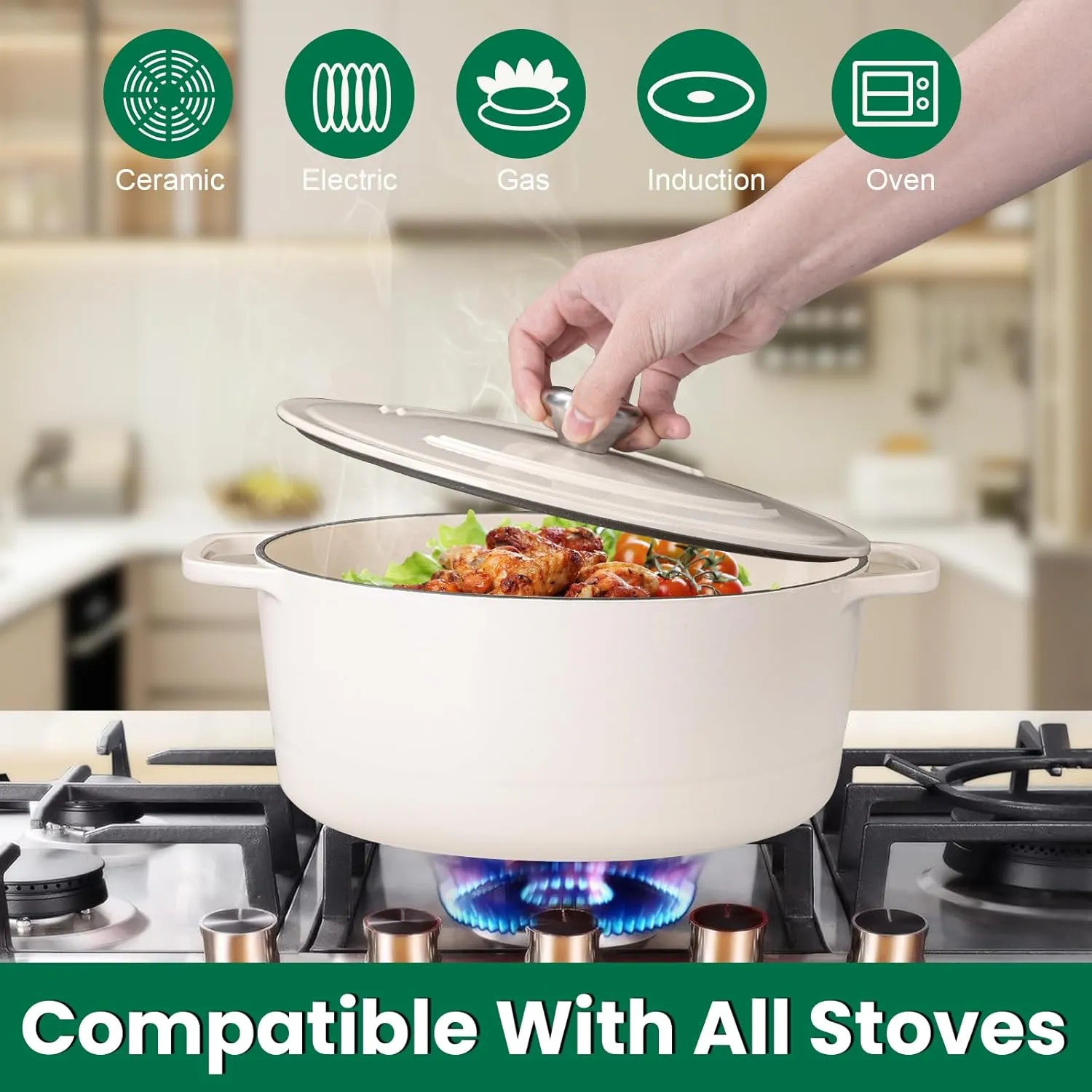 Chef Power Dutch Oven Pot with Lid 6QT, Enameled Cast Iron Dutch Oven for Bread Baking, Braising, Stews, Roasting, Oven Safe Dutch Ovens, Cream White