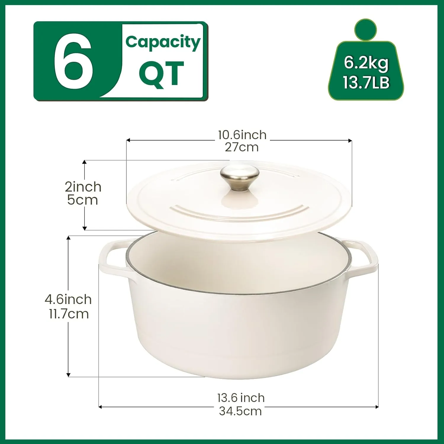 Chef Power Dutch Oven Pot with Lid 6QT, Enameled Cast Iron Dutch Oven for Bread Baking, Braising, Stews, Roasting, Oven Safe Dutch Ovens, Cream White
