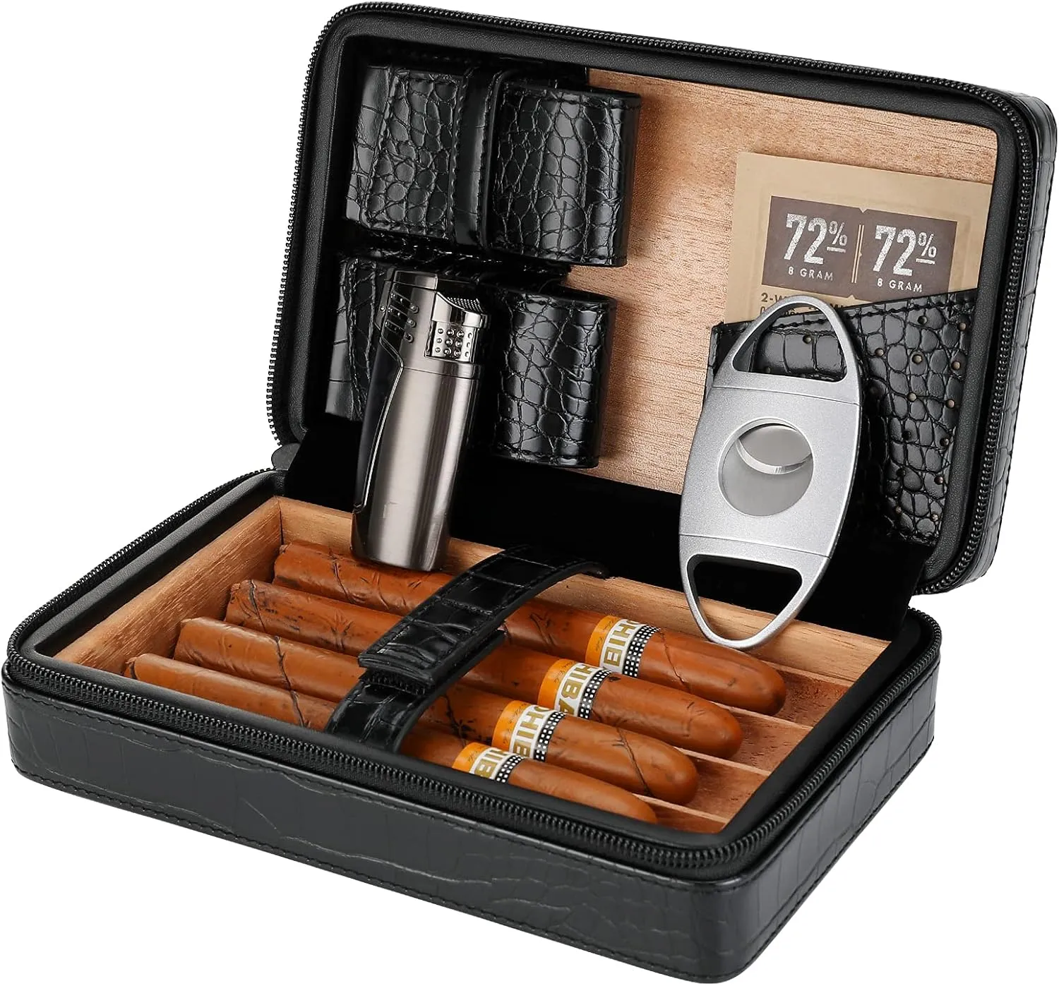 Cigar Case, Cedar Wood Travel Portable Leather Cigar Humidor with Cigar Lighter and Cutter, Black Crocodile Pattern