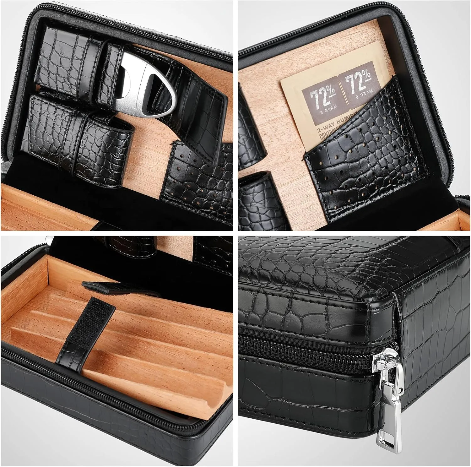 Cigar Case, Cedar Wood Travel Portable Leather Cigar Humidor with Cigar Lighter and Cutter, Black Crocodile Pattern