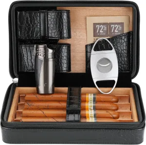 Cigar Case, Cedar Wood Travel Portable Leather Cigar Humidor with Cigar Lighter and Cutter, Black Crocodile Pattern