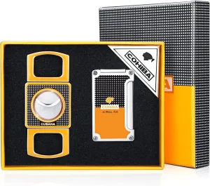 Cigar Cutter and Lighter Set Sharpening Blade Engraved Cigar Guillotine Lighter Torch Windproof Single Torch Butane Refillable Scorch Lighters (Yellow)