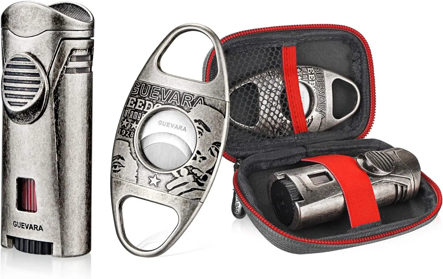 Cigar Cutter and Lighter Set Sharpening Blade Engraved Cigar Guillotine Lighter Torch with Stand Windproof Single Torch Butane Refillable Scorch Lighters