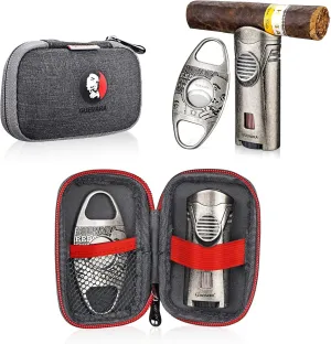 Cigar Cutter and Lighter Set Sharpening Blade Engraved Cigar Guillotine Lighter Torch with Stand Windproof Single Torch Butane Refillable Scorch Lighters