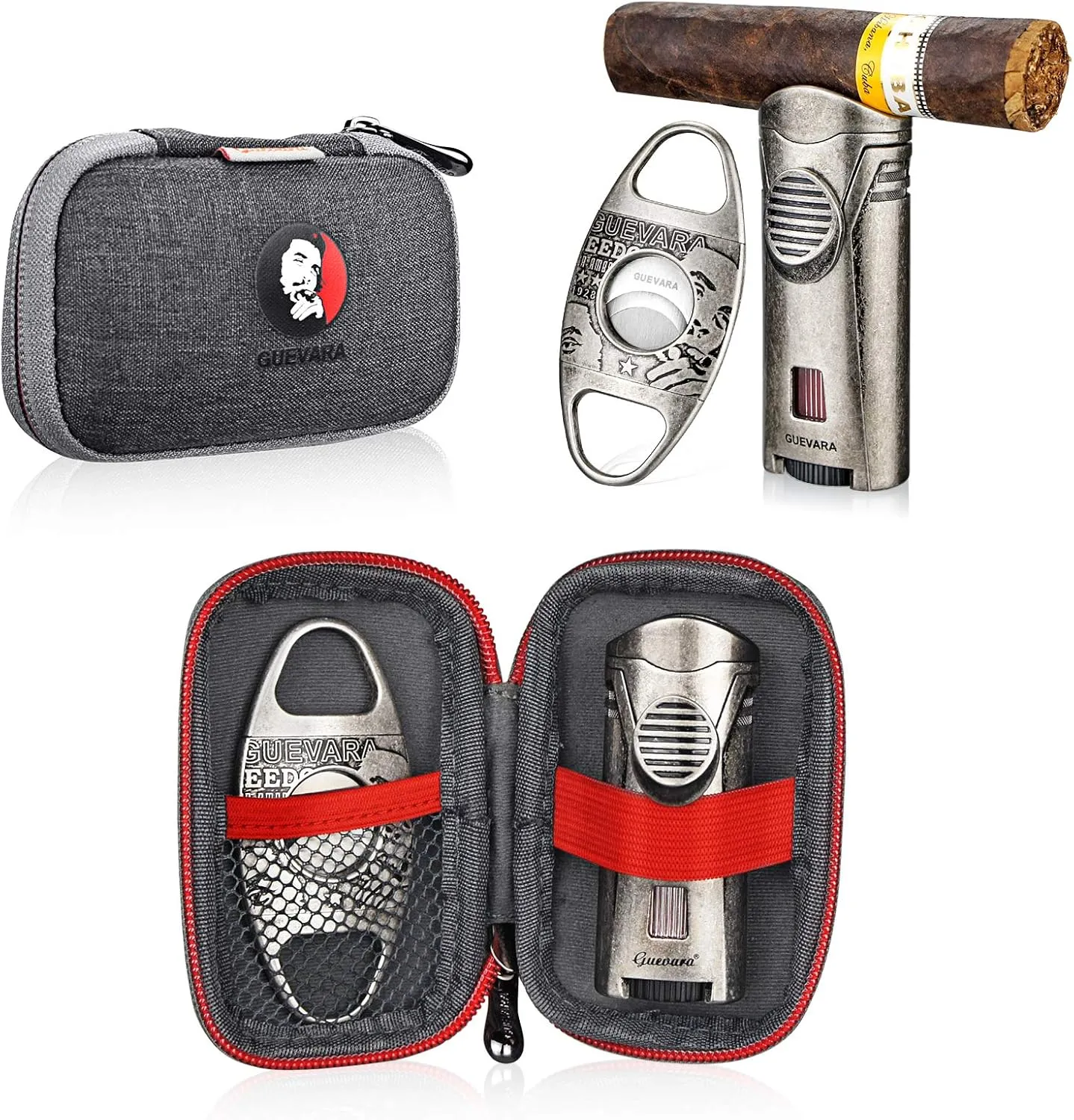 Cigar Cutter and Lighter Set Sharpening Blade Engraved Cigar Guillotine Lighter Torch with Stand Windproof Single Torch Butane Refillable Scorch Lighters