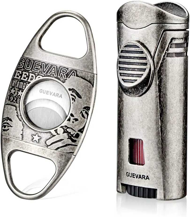 Cigar Cutter and Lighter Set Sharpening Blade Engraved Cigar Guillotine Lighter Torch with Stand Windproof Single Torch Butane Refillable Scorch Lighters