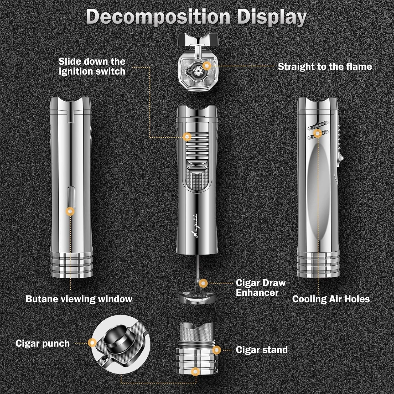 Cigar Lighter, Cigar Punch, Cigar Draw Enhancer, Cigar Holder,All-in-one Refillable Butane Torch Lighter. Cigar Accessories(Gas Not Included)