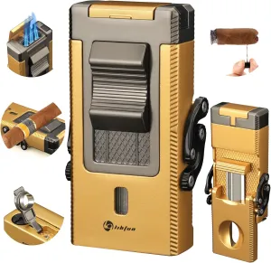 Cigar Lighter Multifunctional All-in-1 Torch Lighter Built-in Cigar Holder Cigar Draw Enhancer Cigar Punch Cigar Gift for Men Butane Lighter with Folding V-Cut Cigar Cutter (Gold)