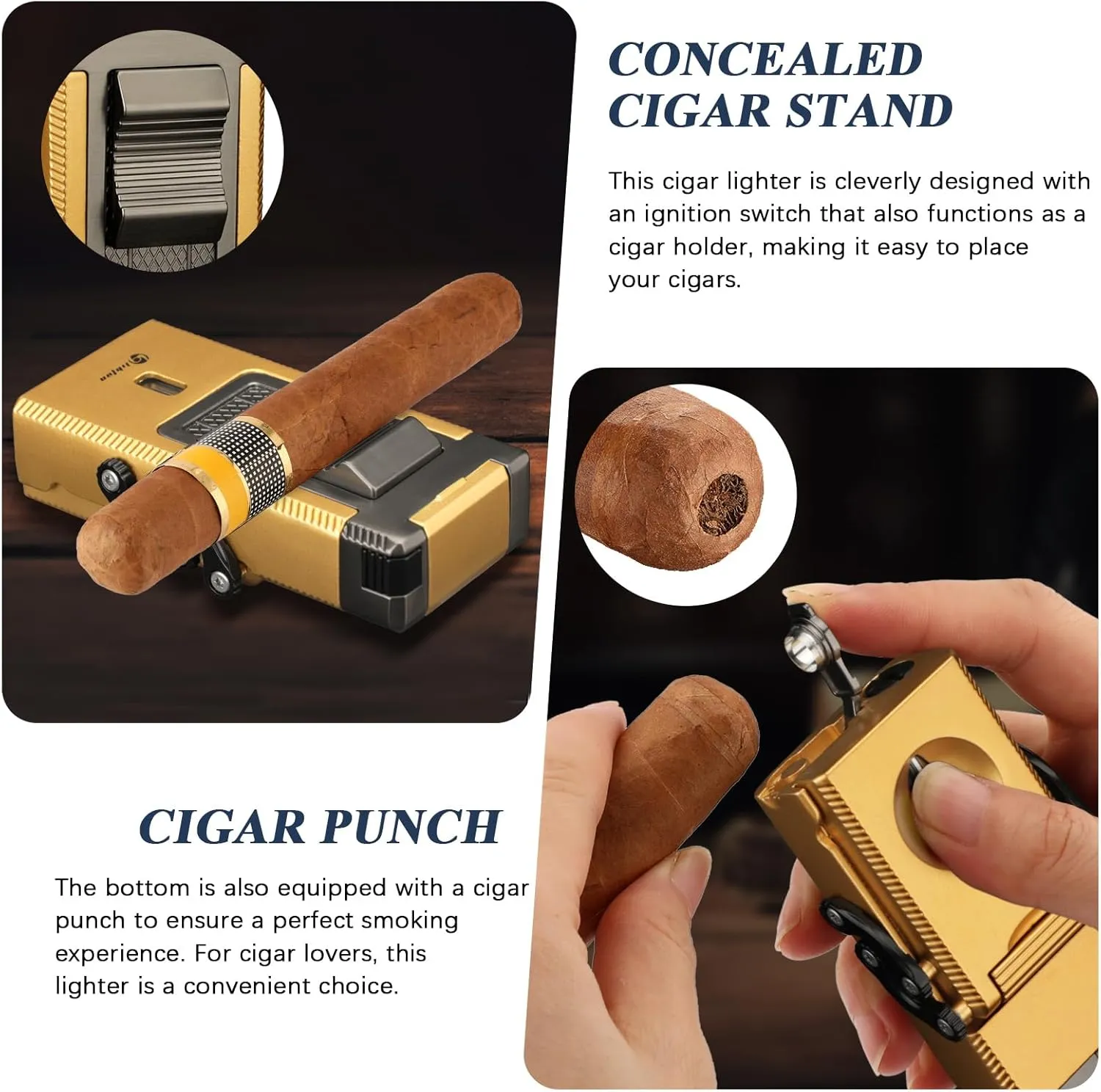 Cigar Lighter Multifunctional All-in-1 Torch Lighter Built-in Cigar Holder Cigar Draw Enhancer Cigar Punch Cigar Gift for Men Butane Lighter with Folding V-Cut Cigar Cutter (Gold)