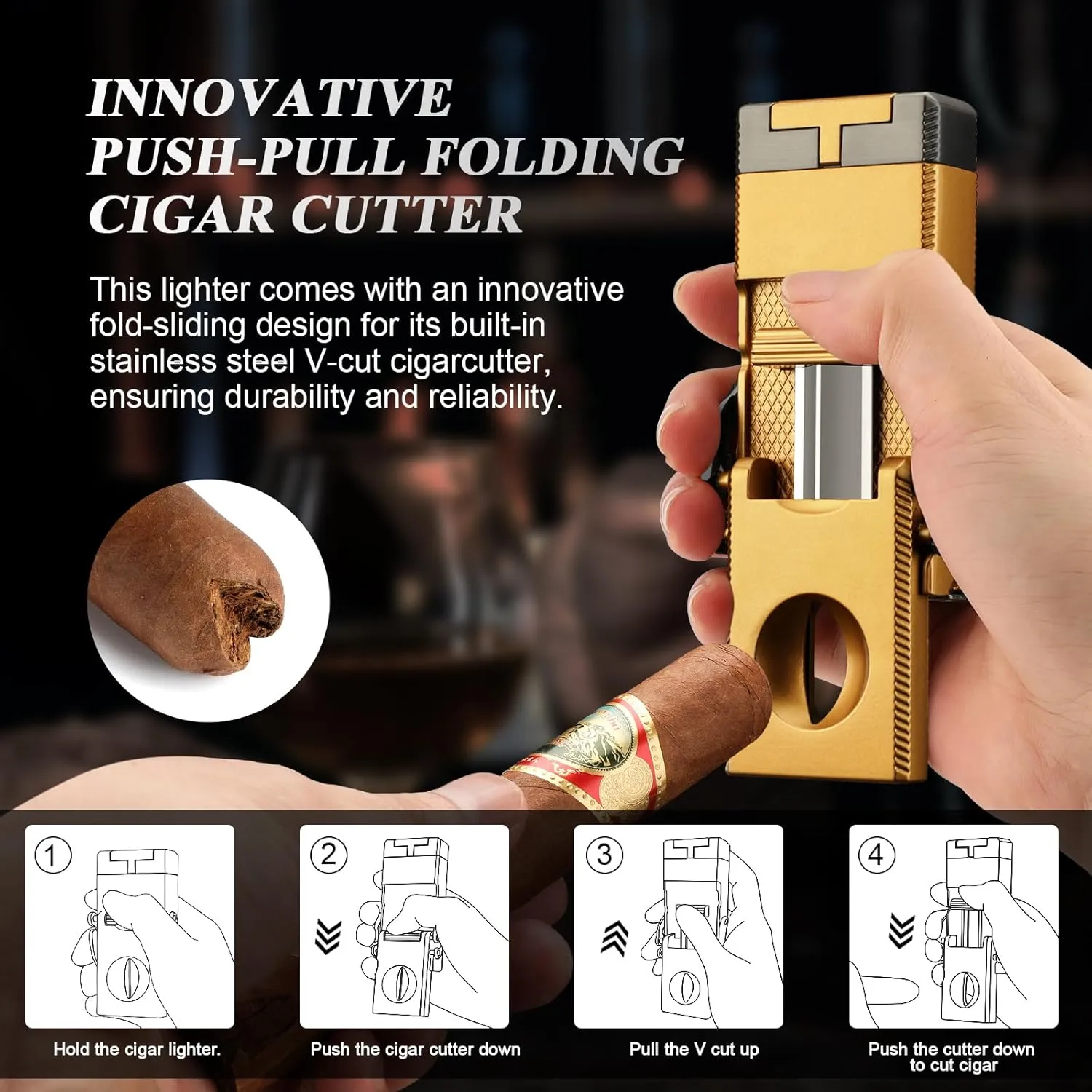 Cigar Lighter Multifunctional All-in-1 Torch Lighter Built-in Cigar Holder Cigar Draw Enhancer Cigar Punch Cigar Gift for Men Butane Lighter with Folding V-Cut Cigar Cutter (Gold)
