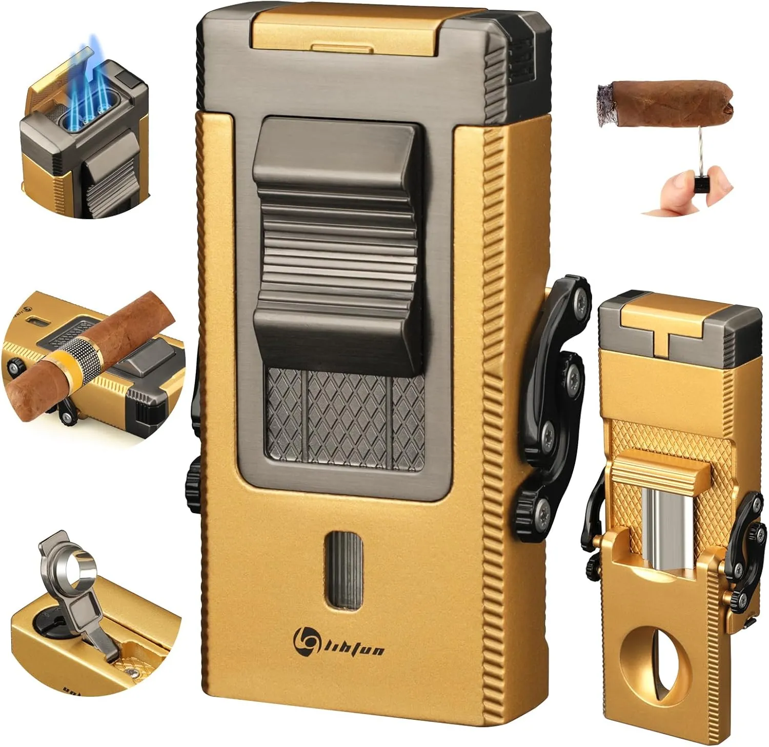 Cigar Lighter Multifunctional All-in-1 Torch Lighter Built-in Cigar Holder Cigar Draw Enhancer Cigar Punch Cigar Gift for Men Butane Lighter with Folding V-Cut Cigar Cutter (Gold)