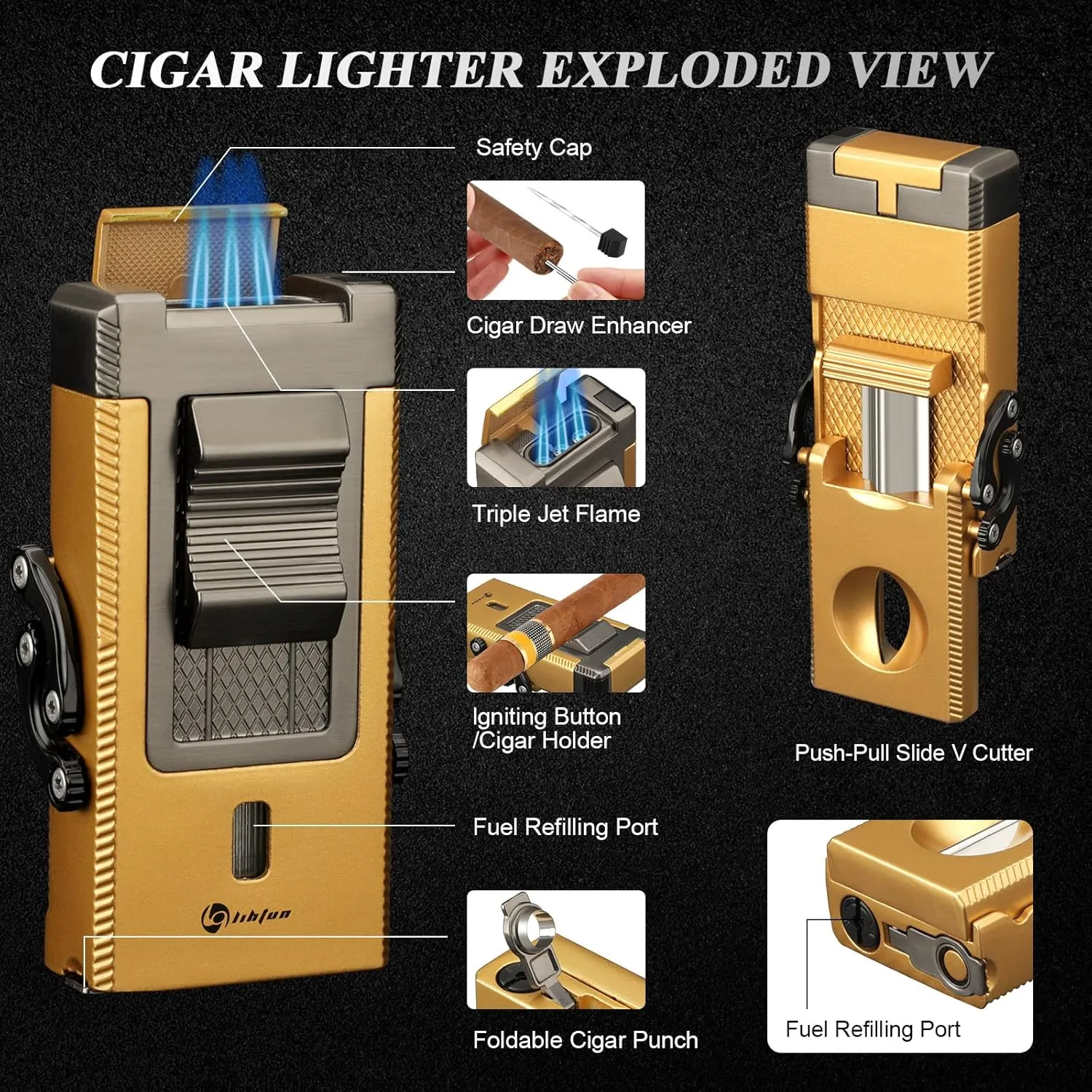 Cigar Lighter Multifunctional All-in-1 Torch Lighter Built-in Cigar Holder Cigar Draw Enhancer Cigar Punch Cigar Gift for Men Butane Lighter with Folding V-Cut Cigar Cutter (Gold)