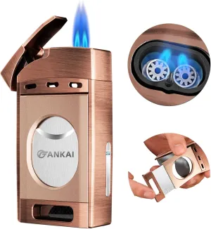Cigar Lighter with Cutter,FANKAI Torch Lighter Double Jet Flame Refillable Butane Lighter 2 in 1 Windproof Lighters for Smoking with Gift Box (Butane Not Included)