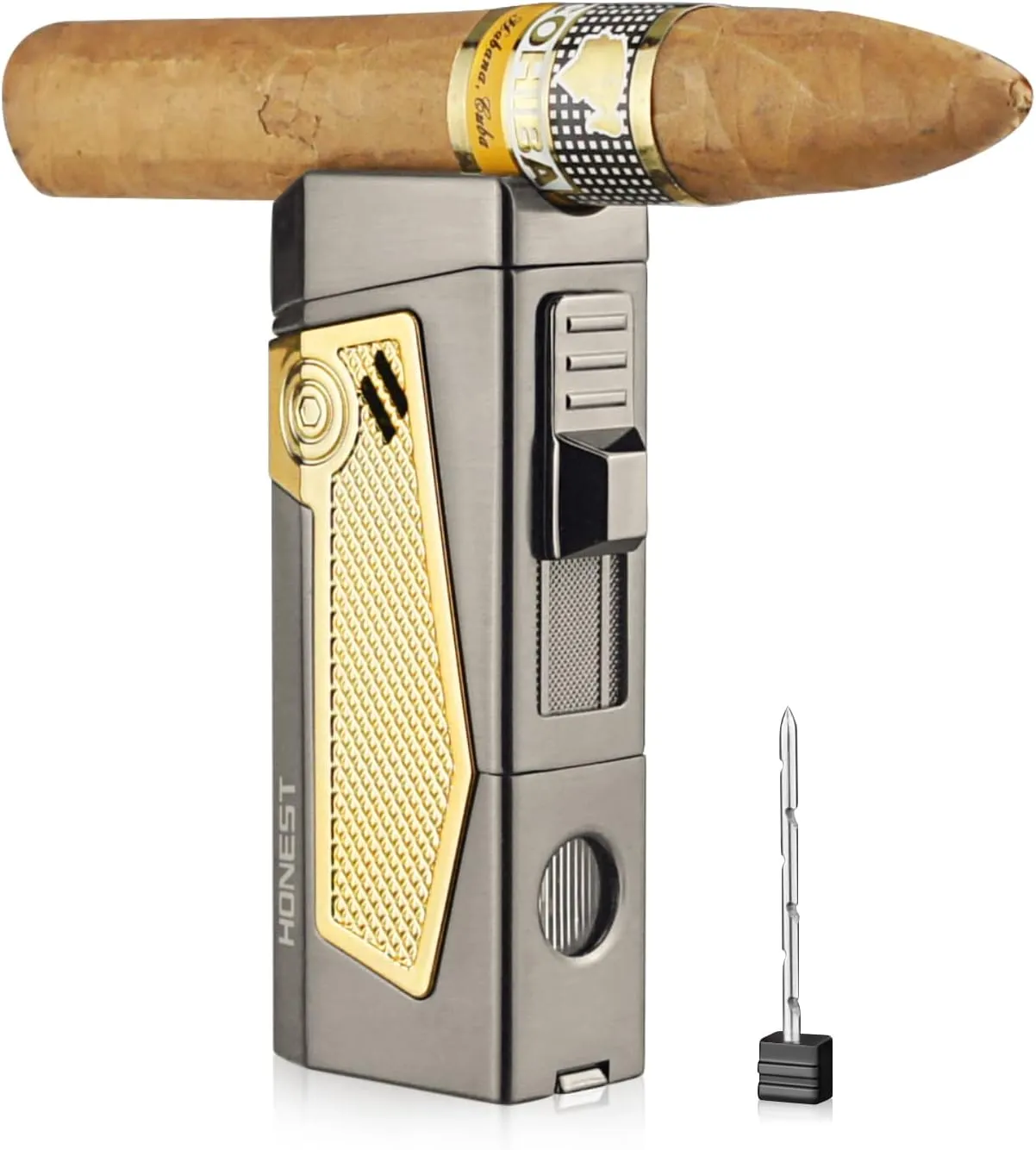 Cigar Torch Lighter with Cigar Stand on Top Four Jet Flame Butane Refillable Cigar Lighter with Punch(Black)