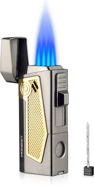Cigar Torch Lighter with Cigar Stand on Top Four Jet Flame Butane Refillable Cigar Lighter with Punch(Black)