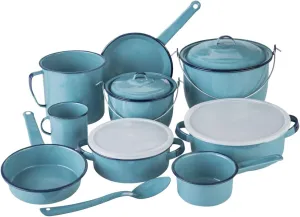 Cinsa 14-Piece Enamel on Steel Cookware Set, Ideal for Gas, Electric Stoves, Ovens & Campfires – Turquoise Blue