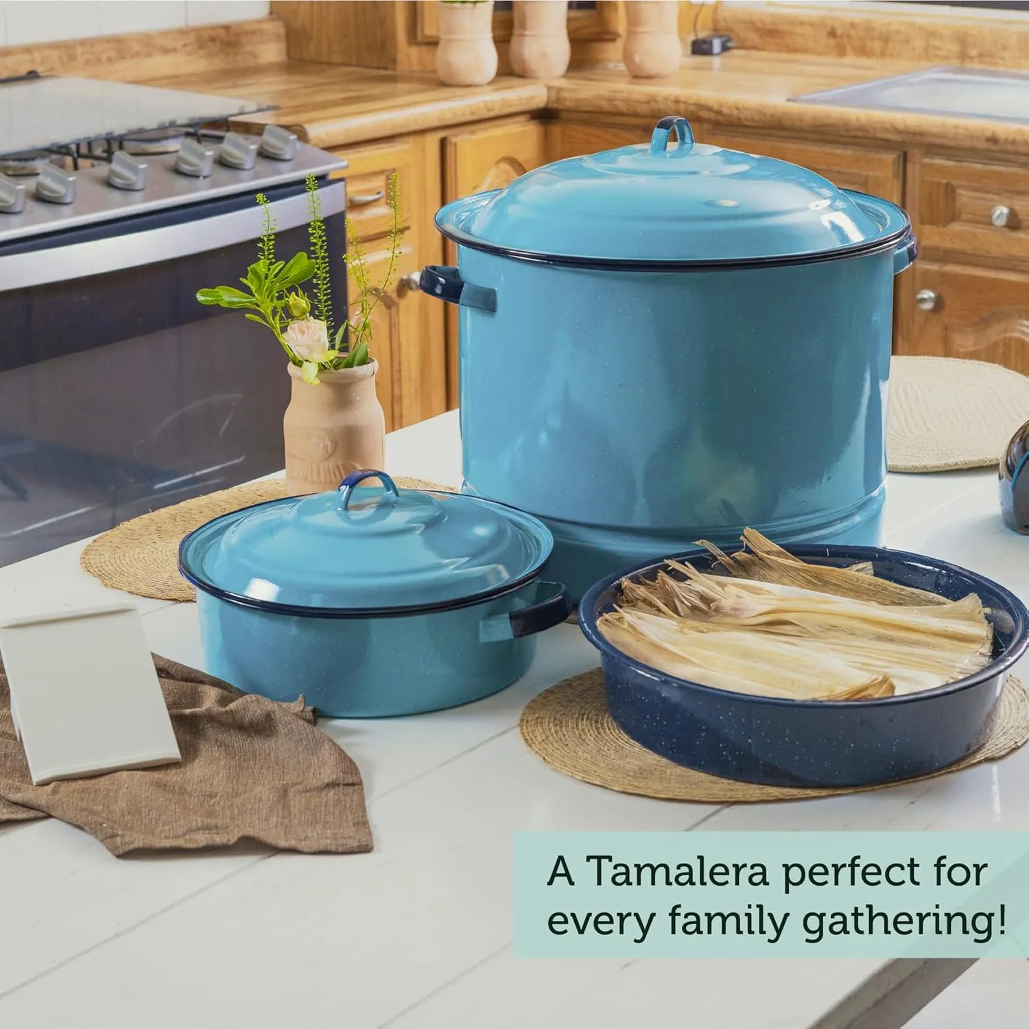 Cinsa 6-Piece Enameled Steel Cookware Set with Steamer, Dutch Oven, and Multi-Use Dish, Turquoise Blue