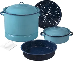 Cinsa 6-Piece Enameled Steel Cookware Set with Steamer, Dutch Oven, and Multi-Use Dish, Turquoise Blue